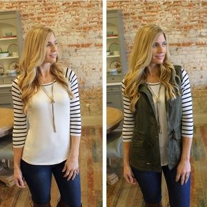| Infinity Raine | Ivory w/Navy Striped Sleeve Top